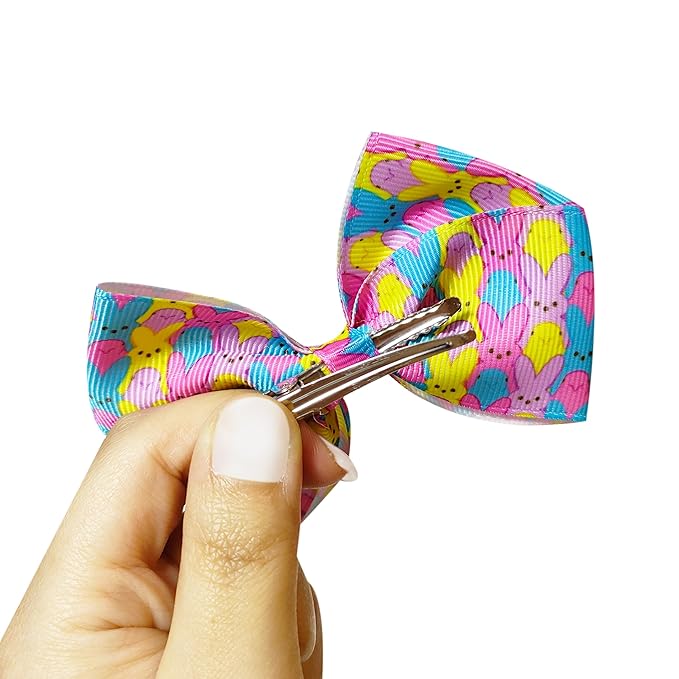 PEEPS Hair Bows Bundle - 7 Pcs 4 Inch Alligator Clips with Different Prints, Easter Bunny Themed for Girls, Toddlers 3+