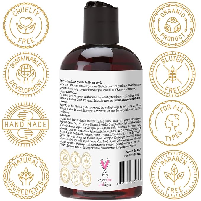 Laritelle Organic Travel Size Shampoo 2 oz | Hair Loss Prevention, Strengthening, Follicle Stimulating | Argan, Rosemary, Lemongrass, Ginger & Cedarwood | NO GMO, Sulfate, Alcohol, Paraben, Phthalate