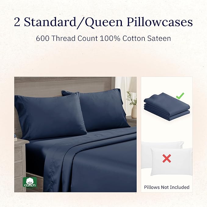 CALIFORNIA DESIGN DEN Luxuriously Soft Hotel Quality 600 Thread Count, 100% Cotton Set of 2 Cases, Crisp & Cool Pillow Cases Standard Size, Fits Standard & Queen Pillows (Dark Blue)