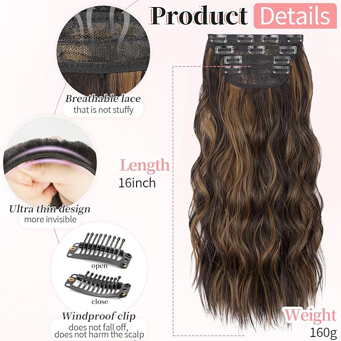 KooKaStyle Clip in Synthetic Hair Extensions Long Wavy 4PCS Thick Hairpieces Balayage Dark Brown to Chestnut Fiber Double Weft Natural Hair Extensions 16 Inch for Women