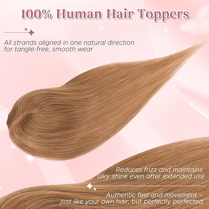Real Human Hair Toppers for Women 3.54"*4.72" Silky Base 150% Density No Bangs Adjustable Parting Clip-In Topper Hairpieces for Women with Thinning Hair 14 Inches Light Brown