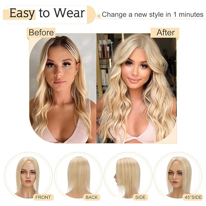 SEGO Human Hair Toppers for Women With Thinning Hair, 7 * 13CM Silk Base 100% Real Human Hair Clip in Top Wiglet Hairpieces -16 Inch No Bangs Ash Blonde&Bleach Blonde