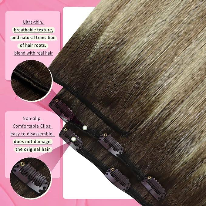 YoungSee Clip in Hair Extensions Human Hair Brown Ombre Clip in Human Hair Extensions Walnut Roots to Light Brown with Blonde Clip in Extensions Ease of Use 18Inch 7Pcs 120G