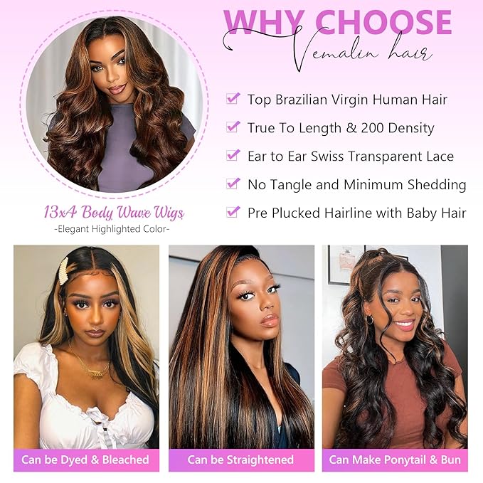 Highlight Wig Human Hair Body Wave Lace Front Wigs Human Hair Pre Plucked 13x4 Ombre Lace Front Wig Human Hair for Women 1B/30 Black with Brown Balayage Glueless Wigs 200 Density 22 Inch