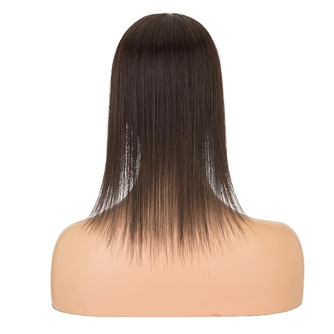 Hairro Human Hair Toppers with Wispy Bangs, 3D 360° Seamless Real Hair Toppers, Hand-Tied with 3.5"x4.7" U-shaped Base, Clip-In Hairpieces to Add Volume on Top, 12 Inch Dark Brown