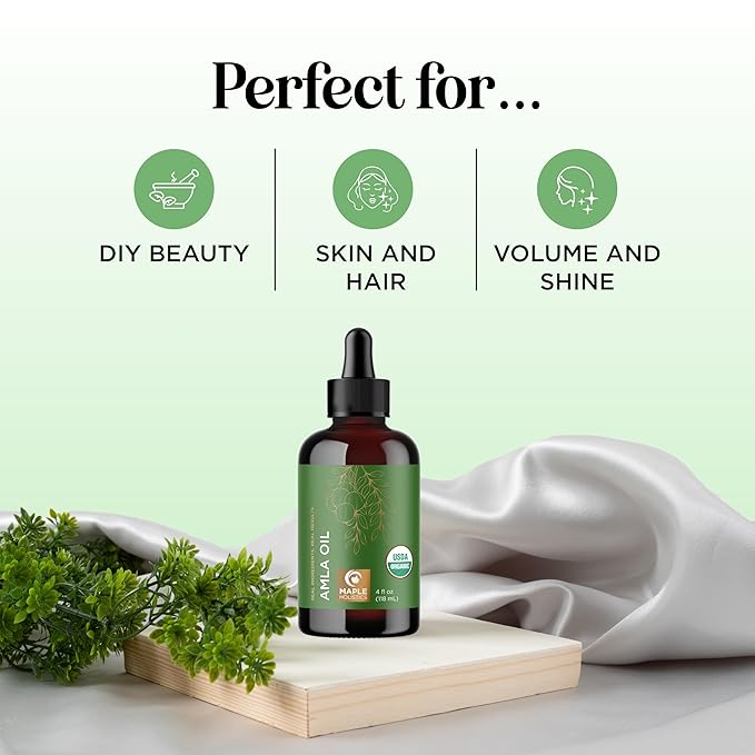 Organic Amla Oil for Hair - 100% Pure Amla Hair Oil for Volume Shine & Hydration - Cold-Pressed Extra Virgin Unrefined Non-GMO & USDA Organic for Nourishing Moisturizing Scalp Care (4 Fl Oz)