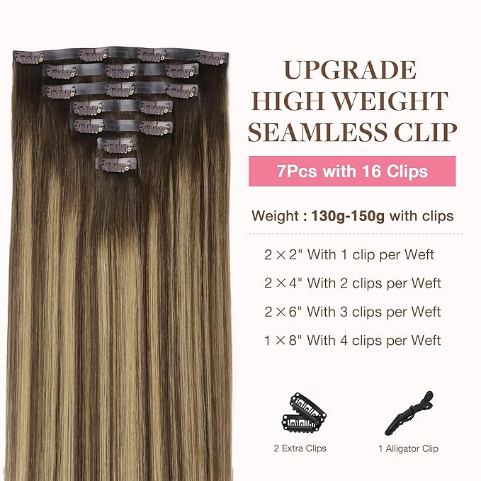 GOO GOO Clip in Hair Extensions Real Human Hair, Remy Human Hair Extensions Clip ins for Women, Natural Human Hair, 24inch 160g 7Pcs, 4/27/4 Balayage Chocolate Brown to Caramel Blonde