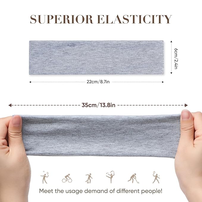 9 Pack Headbands for Women Non Slip - Elastic Cotton Fabric - Sweat Absorption - Soft Cloth Hair Bands for Women's Hair, Stretchy Sports Headbands for Workout Yoga Gym - E
