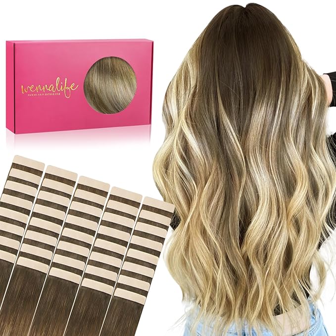 WENNALIFE Tape in Hair Extensions Human Hair, 40pcs 60g 10 inch Ombre Walnut Brown to Ash Brown and Bleach Blonde Hair Extensions Real Human Hair Straight Tape in Extensions Real Human Hair Extensions