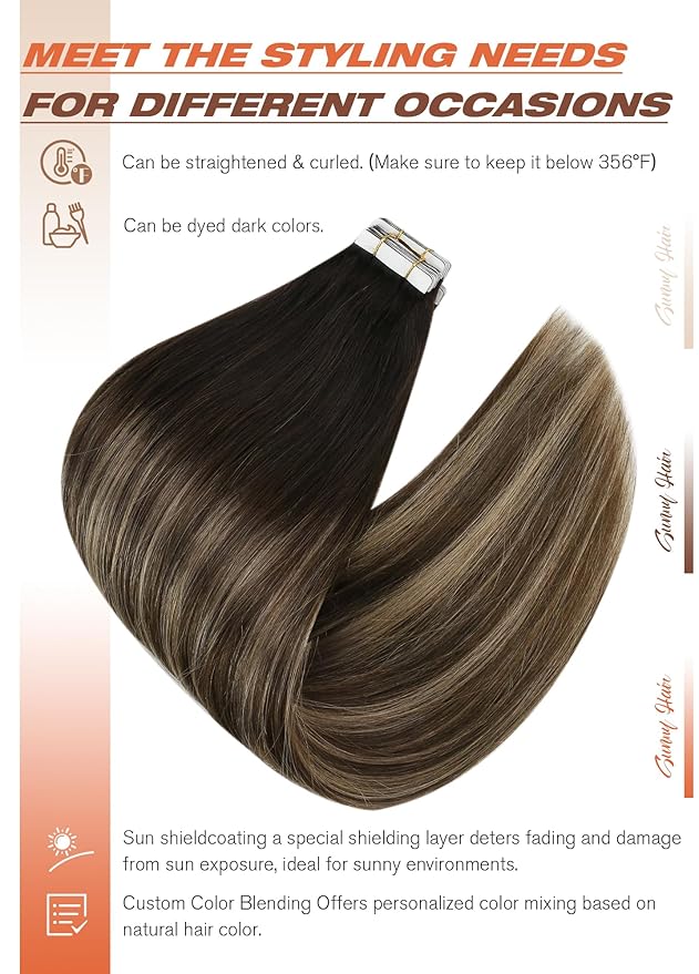 Sunny Hair Tape in Hair Extensions Human Hair, 20 Inch 40Pcs Remy Tape in Extensions Black Balayage Brown Ombre Ash Blonde Hair Extensions Tape in 100g