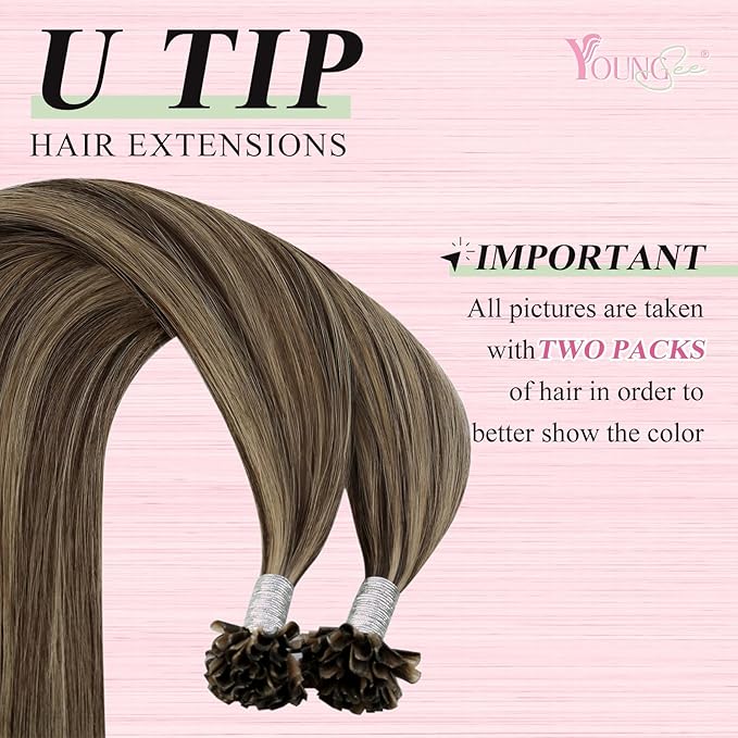 YoungSee U Tip Hair Extensions Human Hair Brown with Blonde Highlight Utip Hair Extensions Human Hair Brown Ktip Human Hair Extension Highlight Hair Extension U Tip for Women 14In 1G/S 50G