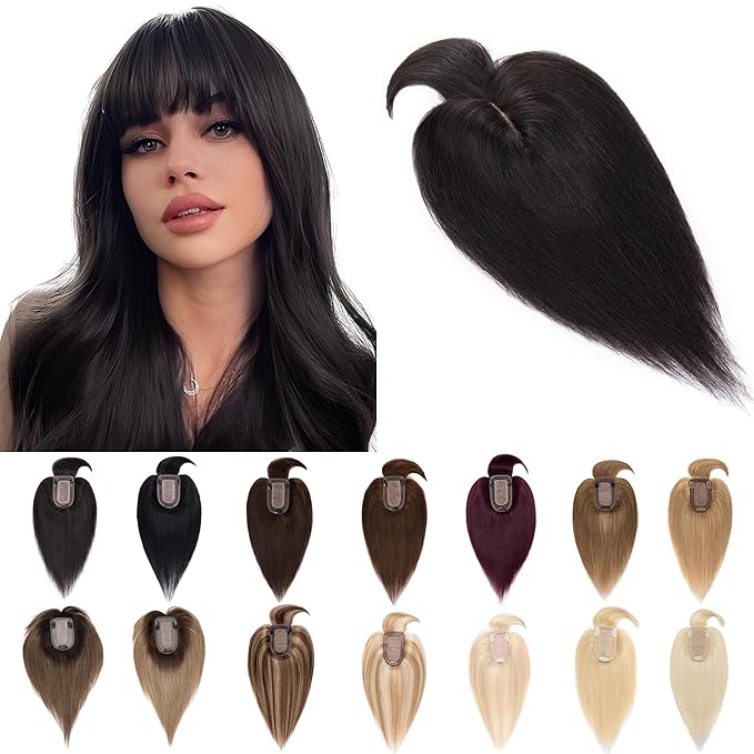SEGO Hair Toppers for Women Real Human Hair With Bangs, 7 * 13CM Silk Base 100% Remy Human Hair Clip in Top Wiglet Hairpieces Add Volume -16 Inch Natural Black