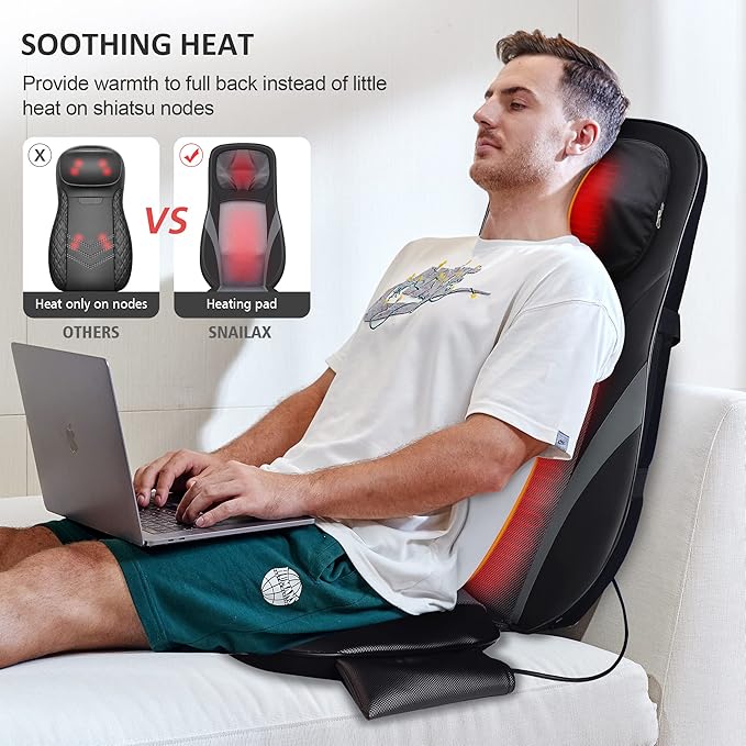 Snailax Shiatsu Back Massager with Heat -Deep Kneading Massage Chair Pad with Adjustable Intensity, Shiatsu Chair Massager to Relax Full Body Muscle