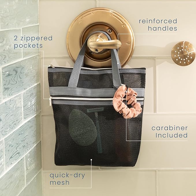 S&T INC. Mesh Shower Caddy, Shower Bag for Dorm Room Essentials, Gym Bag, Camping and More, Two Zippered Pockets, Black and Grey, 10 Inches x 10 Inches