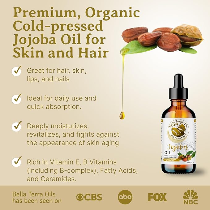 Bella Terra Oils - Organic Jojoba Oil 16oz - Unveiling Organic Jojoba's Beauty Secrets, Saturated with Vitamin B5 & Folic Acid, The Gold Standard of Body Oil Moisturizers