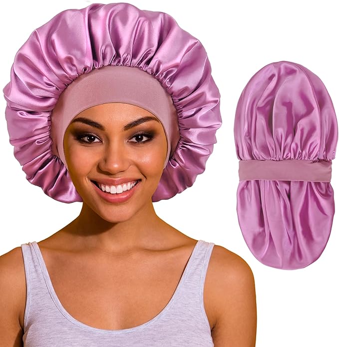 Silk Bonnet for Sleeping Women, Satin Hair Sleep Bonnets for Curly Hair Braids, Double Layer Large Wide Band Sleep Cap