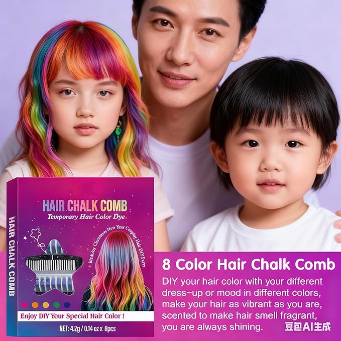 Festive Fun Hair Chalk Combs,2026 NEW Hair Color Comb Temporary Hair Chalk Comb,8/10 Color Washable Hair Chalk Set Hair Chalk Comb Temporary Bright Washable Hair Color Dye (8 Colors)