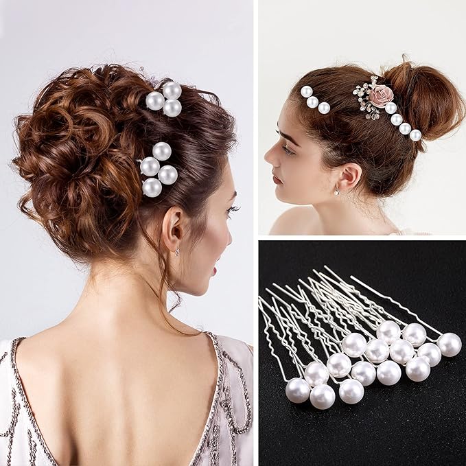 60 Pieces Bridal Hair Pins Accessories Pearl Rhinestone Flower U Shape Clips Jewelry Prom Hair Barrettes Decorations for Brides Bridesmaids Women