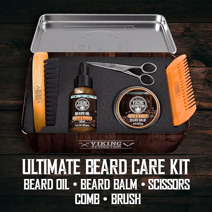Viking Revolution - Ultimate Beard Kit Coffee and Whiskey - Beard Grooming Kit for Men with Beard Brush, Beard Comb, Beard Balm, Beard Oil, Beard and Moustache Scissors - Husband Gifts for Men