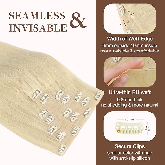 GOO GOO Clip in Hair Extensions Real Human Hair, Remy Human Hair Extensions Clip ins for Women, Natural Human Hair, 14inch 130g 9Pcs, 60A Platinum Blonde
