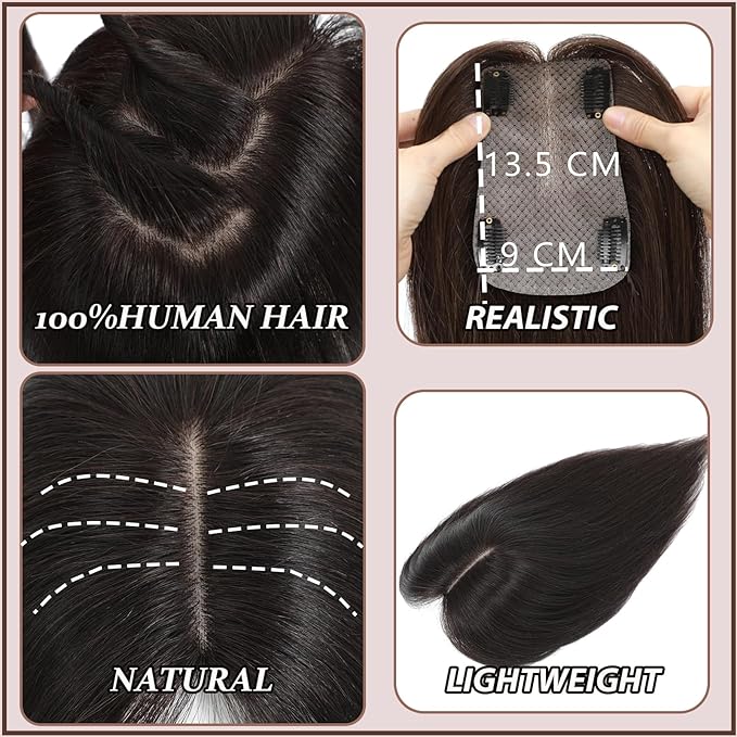 Hair Toppers for Women Real Human Hair, 360° 3D Human with Thinning Upgrade Middle Part Clip in Bangs Topper Hair Pieces for Women Daily(Medium Brown, 18 Inch-3D-Side)
