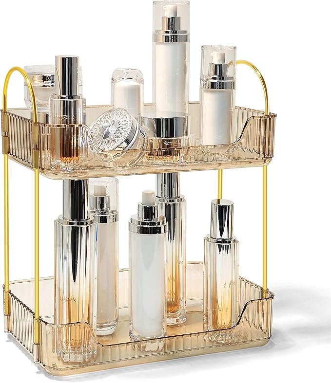 Bathroom Counter Organizer Countertop Storage Skincare Countertop Makeup Organizer Cosmetics Skincare Organizers Holder for Perfume-Amber-golden pole