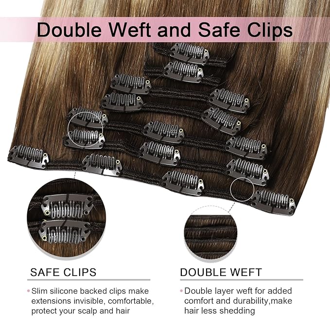 Pro2.0 Remy Real Human Hair Extensions Clip ins 120g Thick 7pcs #3/8/22 Walnut Brown to Ash Brown and Golden Blonde Remy Clip in Hair Extensions Real Human Hair 16inch（#3/8/22-16inch）