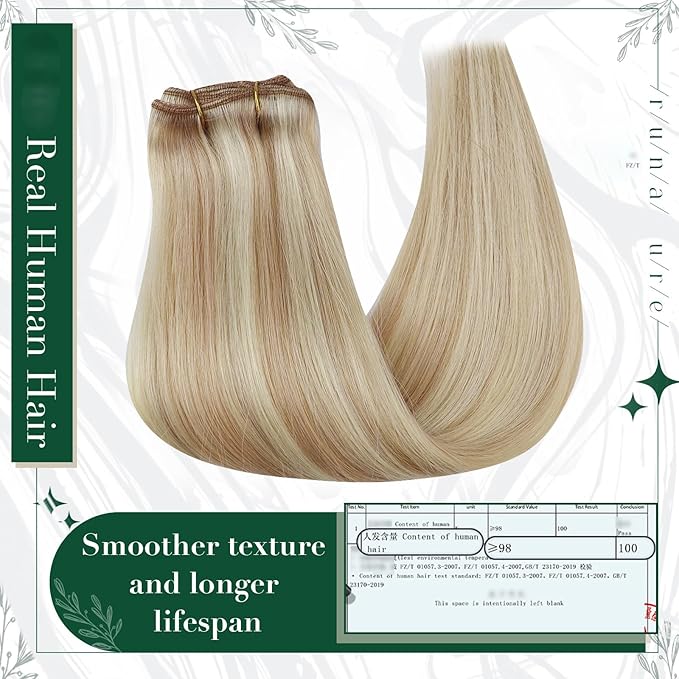 RUNATURE Clip in Hair Extensions Real Human Hair, Blonde Human Hair Clip in Extensions, Remy Straight Real Hair, Long Lasting, 14 Inch 50g 3pcs #18P60 Ash Blonde Highlights