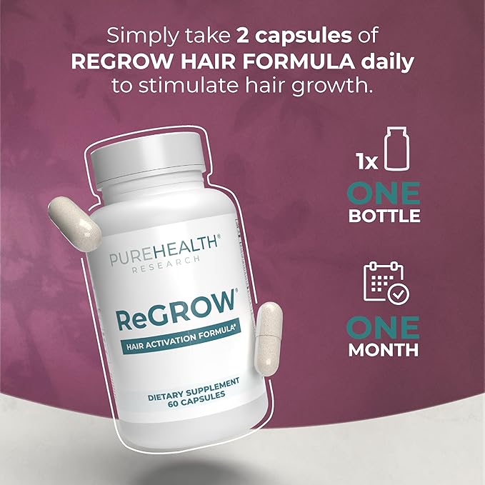 PUREHEALTH RESEARCH ReGrow - Hair Growth Vitamins - with Saw Palmetto, Biotin, Collagen, Zinc, Iron, Iodine, Selenium & More - Hair Supplements for Women & Men - 60 Capsules