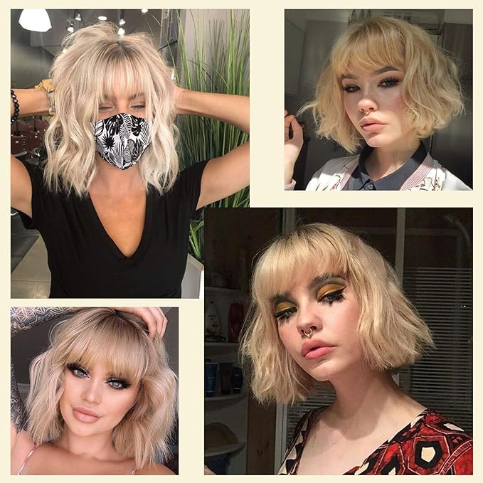 MISSQUEEN Short Blonde Wig with Bangs Synthetic Wavy Blonde Bob Wig Curly Heat Resistant Ombre Blonde Hair Wig for Women Daily Party Halloween Use