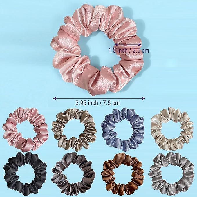 Satin Scrunchies for Women, 8 pcs No Crease No Slip Hair Ties, No Damage Elastic Hair Bands, Hair Styling Accessories, Hair Scrunchy for All Hair Types, Ponytail Holders for Thin & Thick Hair