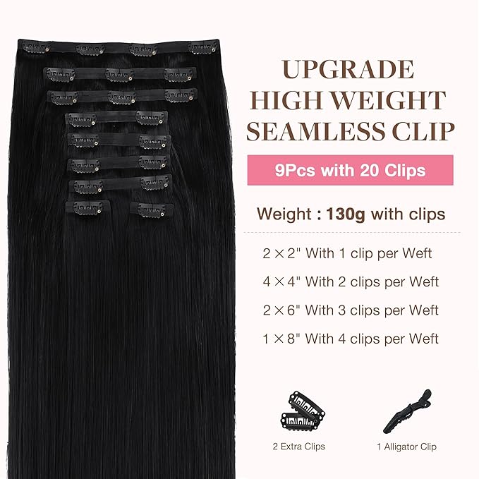 GOO GOO Clip in Hair Extensions Real Human Hair, Remy Human Hair Extensions Clip ins for Women, Natural Human Hair, 18inch 170g 9Pcs, #1 Jet Black