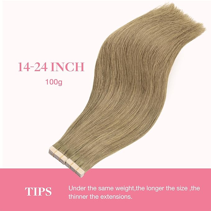 GOO GOO Tape in Hair Extensions Human Hair, 7 Bronde, 18inch 100g 40pcs, Skin Weft Seamless Invisible, Silky Straight with Thick Ends, Remy Human Hair
