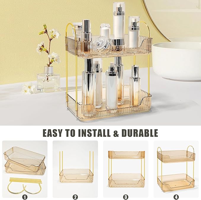Bathroom Counter Organizer Countertop Storage Skincare Countertop Makeup Organizer Cosmetics Skincare Organizers Holder for Perfume-Amber-golden pole