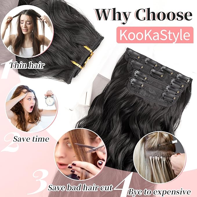 KooKaStyle Clip in Synthetic Hair Extensions Long Wavy 4PCS Thick Hairpieces Black Fiber Double Weft Natural Hair Extensions 24 Inch for Women