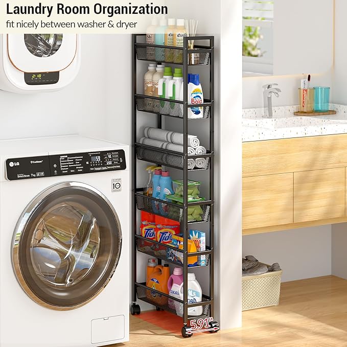 6 Tier Slim Storage Cart, Narrow Cart with Wheels, Metal Mobile Shelving Unit Organizer for Kitchen, Bathroom, Laundry Room, Living Room & Narrow Spaces, Black, 6in(W)