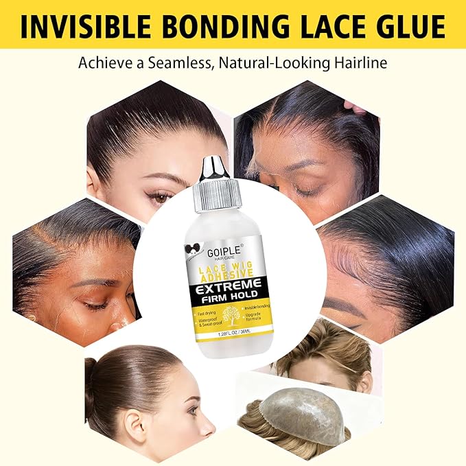 Lace Wig Glue Kit Lace Front Glue Kit for Wigs, Strong Hold Adhesive for Wigs and Hair Systems Invisible Bonding, Adhesive, Wig Remover, Hair Wax Stick, Edge Band, Razor & HD Wig Cap