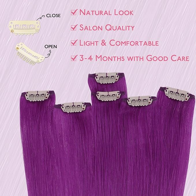 WENNALIFE Purple Clip in Hair Extensions Real Human Hair 35g 6pcs 16 Inch Colored Hair Extensions for Kids Women Colorful Hair Pieces Pop-up Style Straight Extensiones De Cabello Humano Con Clip