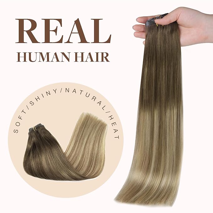 GOO GOO Clip in Hair Extensions Real Human Hair, Remy Human Hair Extensions Clip ins for Women, Natural Human Hair, 16inch 130g 7Pcs, 3/8/613 Balayage Walnut Brown to Ash Brown and Bleach Blonde