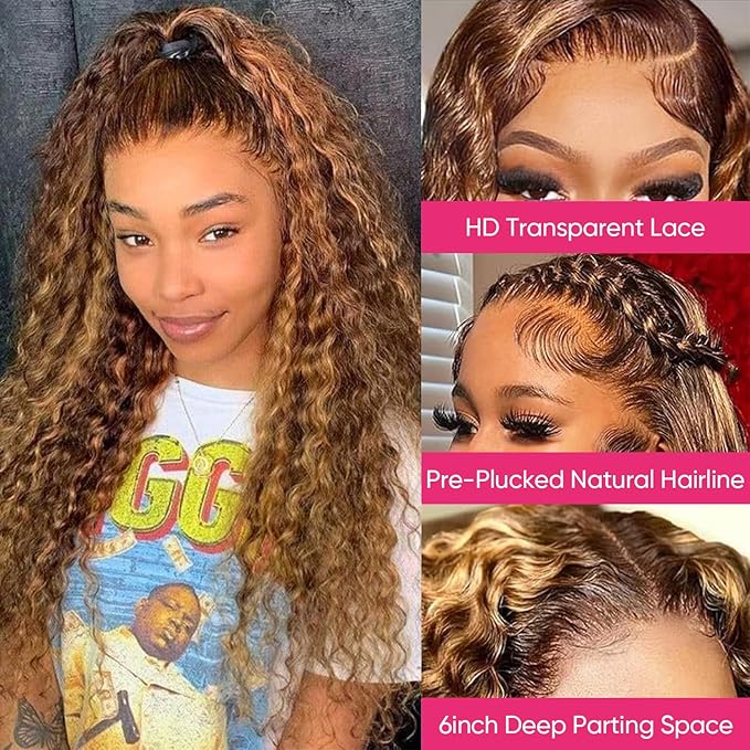 Highlight Ombre Lace Front Wig Human Hair Deep Wave Honey Blonde 4/27 13x6 HD Lace Frontal Wigs Wet and Wavy 200 Density Curly Wigs Human Hair Pre Plucked 28 Inch