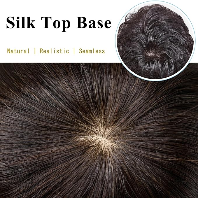 Short Human Hair Topper for Women with Hairloss,Invisible Clip in Texture Wavy Topper Hairpiece with Large Mesh 6.3x7 Ins and Silk Top Base Natural Fluffy Wiglet Hairpiece Natural Black