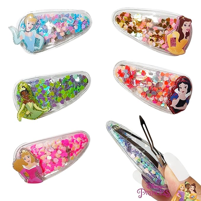 LUV HER Licensed Hair Accessories For Girls, 6pc Cute Hair Clips with Favorite Disney Princess Character Charms, Magical Confetti Hair Clips, Ages 3+