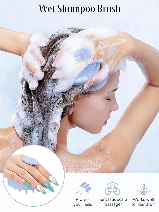 HEETA Scalp Massager Hair Growth, Soft Silicone Scalp Scrubber Shampoo Brush for Exfoliation, Dandruff Removal & Head Massage Stress Relax, Wet & Dry Use for Thick, Thin Hair Care, Wheat Straw Blue