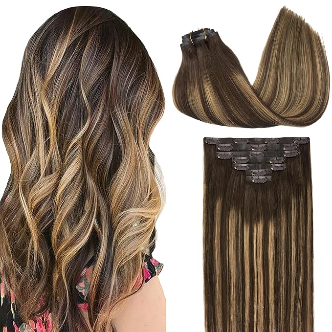GOO GOO Clip in Hair Extensions Real Human Hair, Remy Human Hair Extensions Clip ins for Women, Natural Human Hair, 16inch 130g 7Pcs, 4/27/4 Balayage Chocolate Brown to Caramel Blonde