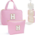 YOOLIFE Travel Toiletry Bag for Women - Hanging Toiletry Bag, Personalized Initial Toiletry Bags for Traveling Women, Portable Travel Toiletry Bag for Toiletries, Cosmetics - Letter H,Pink