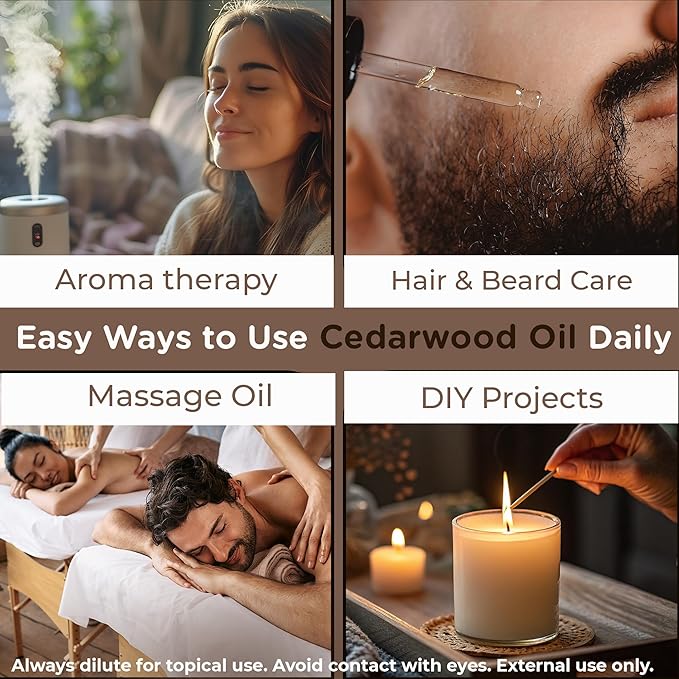 Cedarwood Essential Oil – Pure and Natural Warm Woody Cedar Aroma for Diffusers, Aromatherapy, Hair and Skin Care, Scalp Massage, Soap and Candle Making – with Glass Dropper, 4 oz