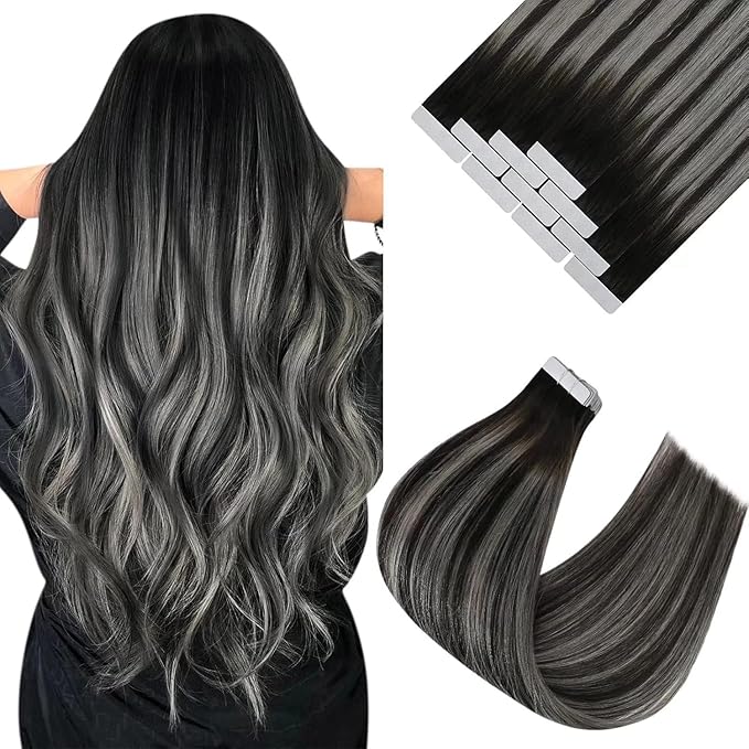 Sunny Hair Tape in Hair Extensions Human Hair 20 Inch Hair Extensions Real Human Hair Tape in Extensions for Women Natural Black Roots to Silver Grey Balayage Virgin Hair Natural Straight 10Pcs 25g