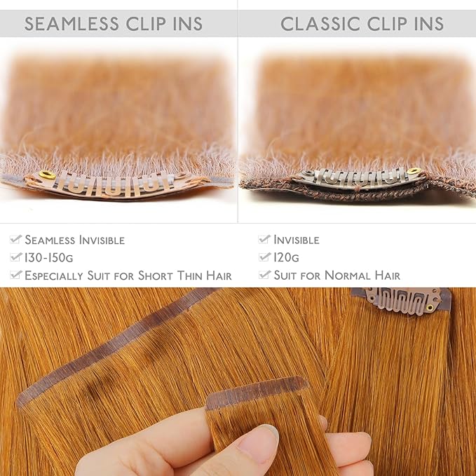 WENNALIFE Seamless Clip In Hair Extensions Human Hair, 14 Inch 130g 7pcs Auburn Ginger Real Hair Extensions Clip in Human Hair Invisible PU Skin Weft Natural Remy Human Hair Extensions