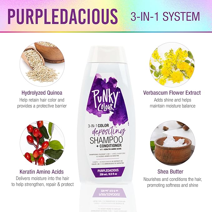 Punky Colour 3-in-1 Color Depositing Conditioner & Hair Cleanser - Purpledacious, Semi Permanent Hair Color Conditioner, Sulfate-Free Hair-Dye, 8.5 fl oz.
