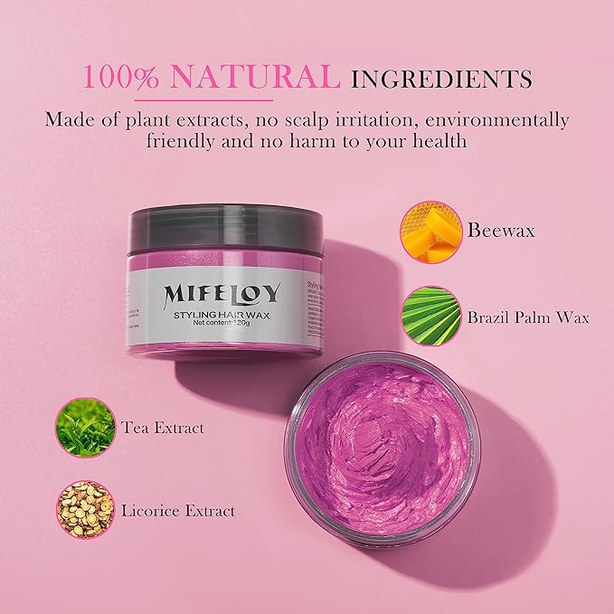 Temporary Pink Hair Color Wax 4.23 oz, Instant Natural Hairstyle Cream Dye, Disposable Coloring Mud for Men Women Youth, Washable Styling Pomades, Party Cosplay DIY Halloween
